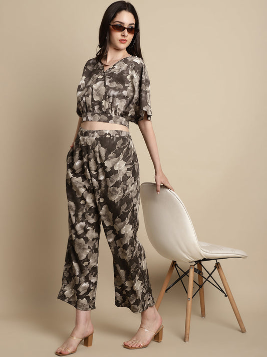 Jainish Women's Brown Printed Crop Top With Palazzos - Swadesiicart