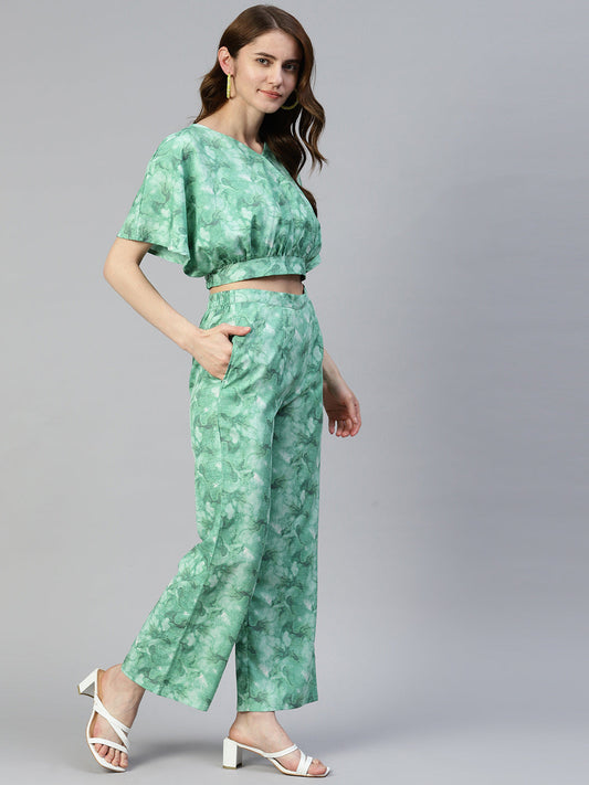 Jainish Women's Green Printed Crop Top With Palazzos - Swadesiicart