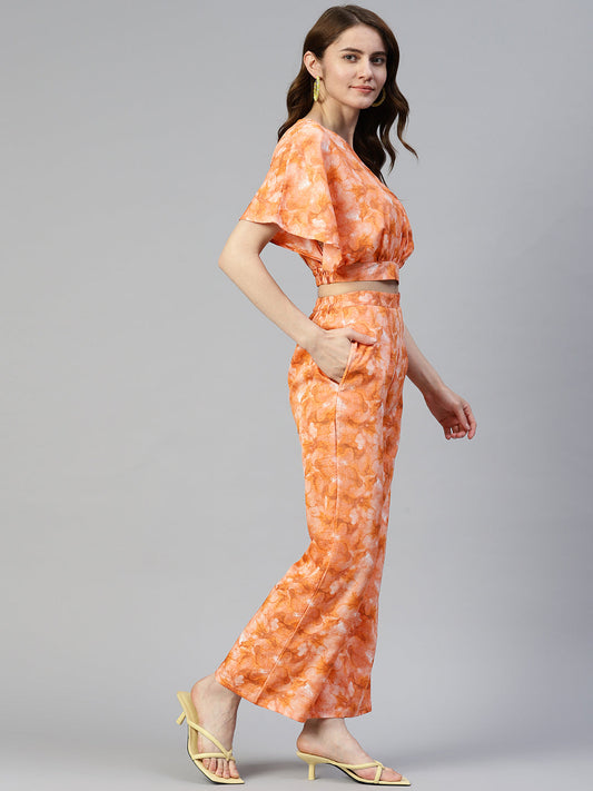 Jainish Women's Orange Printed Crop Top With Palazzos - Swadesiicart