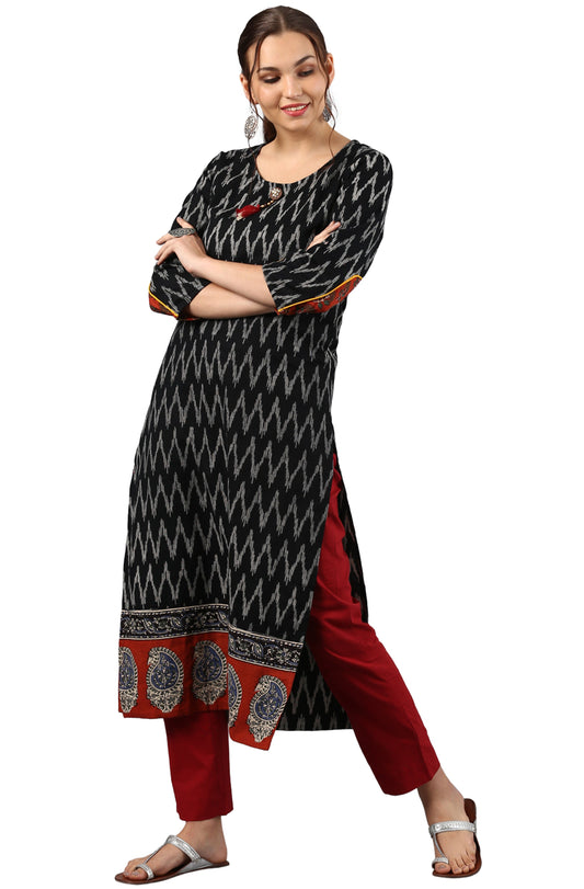 Janasya Black Cotton Ikat Straight kurta - Swadesiicart