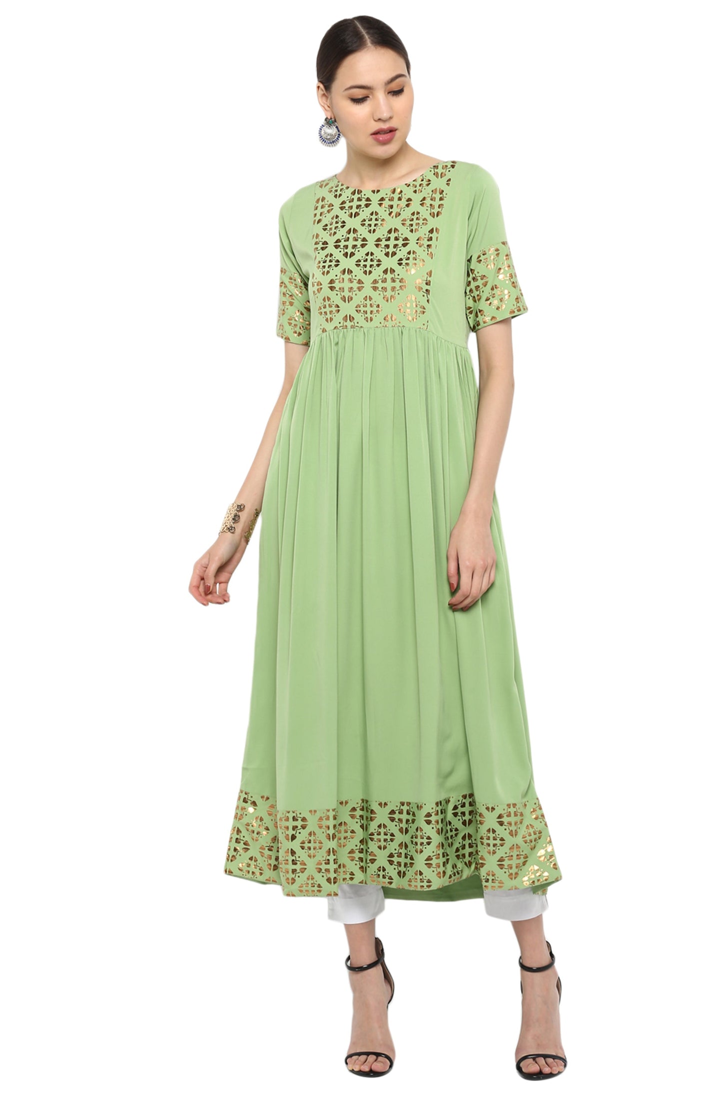 Janasya Light Green Poly Crepe Gold Print Flared kurta - Swadesiicart