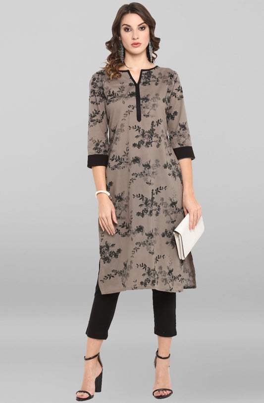 Janasya Women's Grey Cotton Floral Printed Casual Straight kurta | Swadesiicart