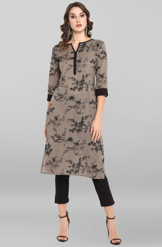 Janasya Women's Grey Cotton Floral Printed Casual Straight kurta | Swadesiicart
