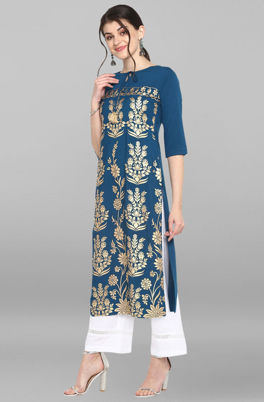 Janasya Women's Turquoise Blue Poly Crepe Gold Printed Festive & Party Straight kurta | Swadesiicart