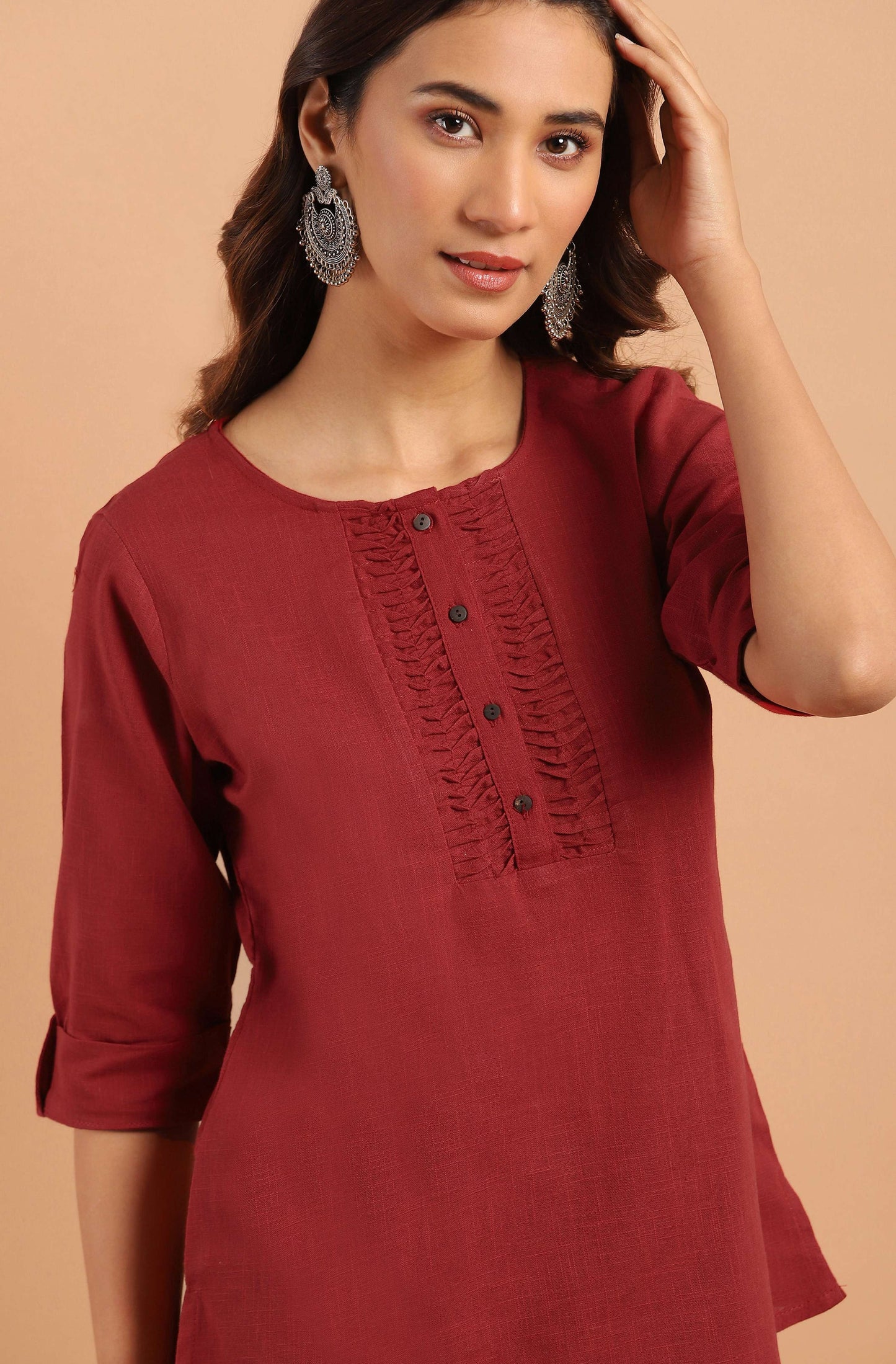 Janasya Women's Maroon Cotton Slub Solid Regular Top | Swadesiicart