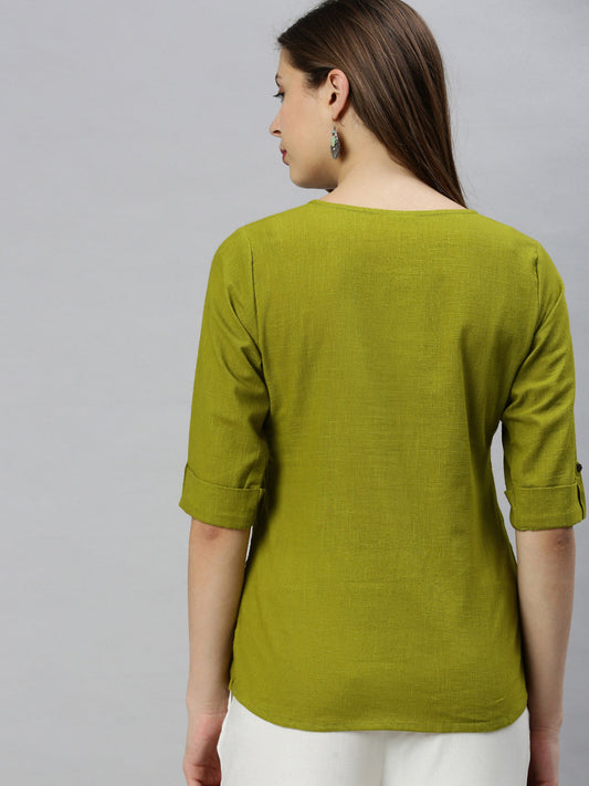 Janasya Women's Green Cotton Slub Solid Regular Top | Swadesiicart