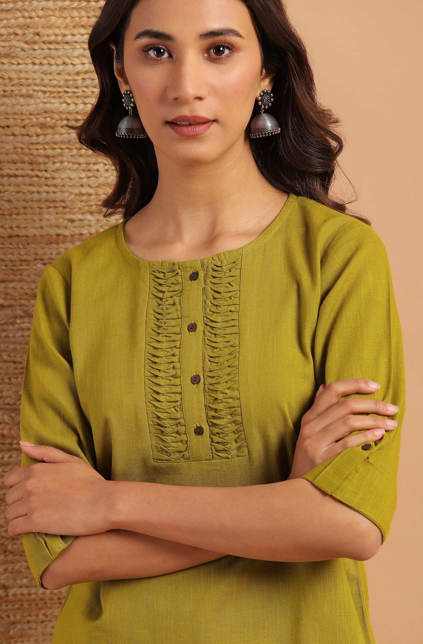 Janasya Women's Green Cotton Slub Solid Regular Top | Swadesiicart