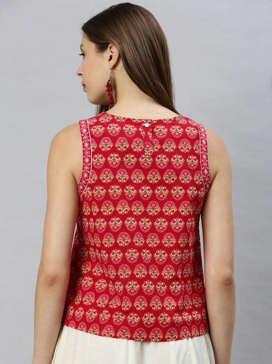 Janasya Women's Red Cotton Floral Print Regular Top | Swadesiicart