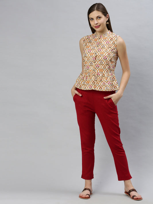 Janasya Women's Cream Cotton Floral Print Designer Back Top | Swadesiicart