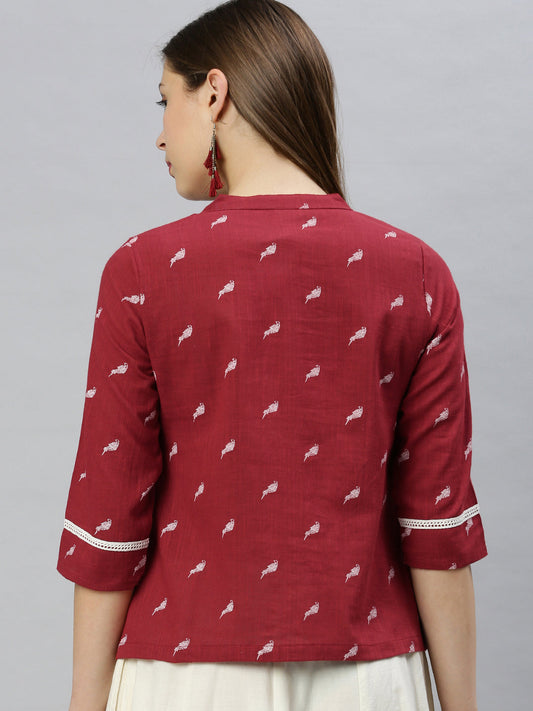 Janasya Women's Maroon Cotton Slub Animal Print Shirt Style Top | Swadesiicart