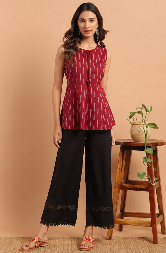 Janasya Women's Maroon Cotton Geometric Print Peplum Top | Swadesiicart