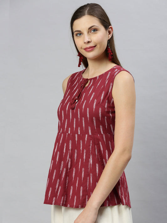 Janasya Women's Maroon Cotton Geometric Print Peplum Top | Swadesiicart