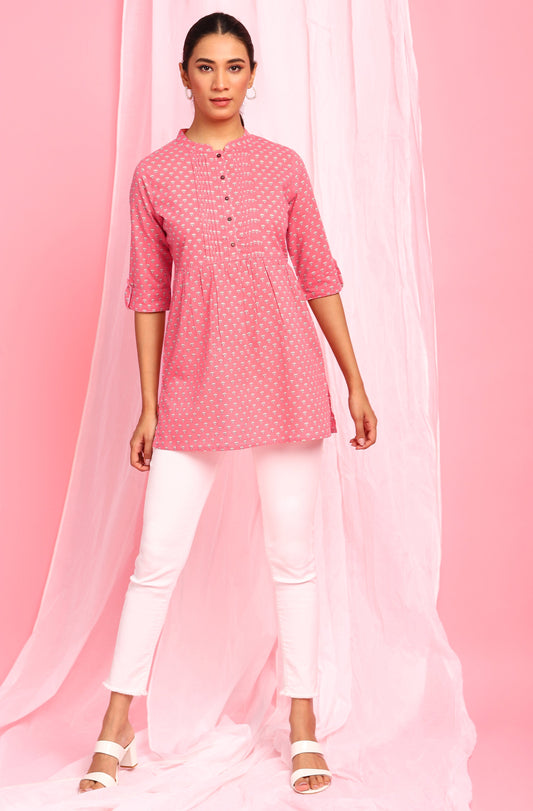 Janasya Women's Pink Cotton Floral Print Empire Waist Tunic | Swadesiicart