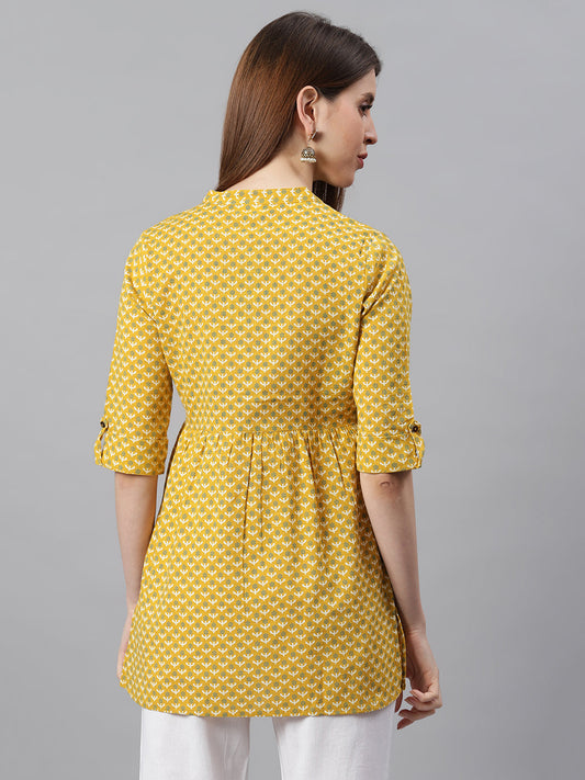 Janasya Women's Mustard Cotton Slub Floral Print Straight Tunic | Swadesiicart
