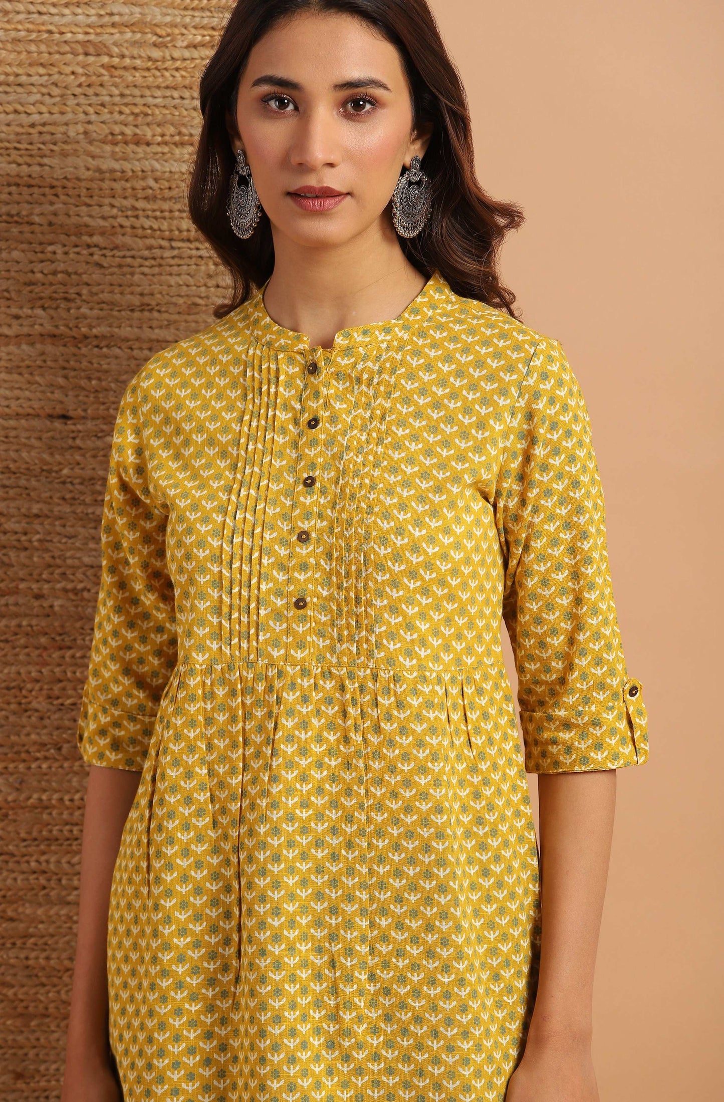 Janasya Women's Mustard Cotton Slub Floral Print Straight Tunic | Swadesiicart
