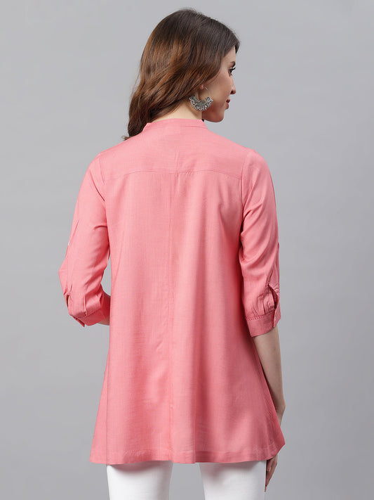 Janasya Women's Pink Rayon Solid High Low Tunic | Swadesiicart