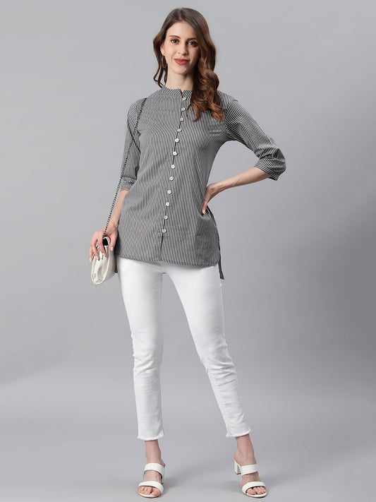 Janasya Women's Grey Cotton Striped High Low Tunic | Swadesiicart