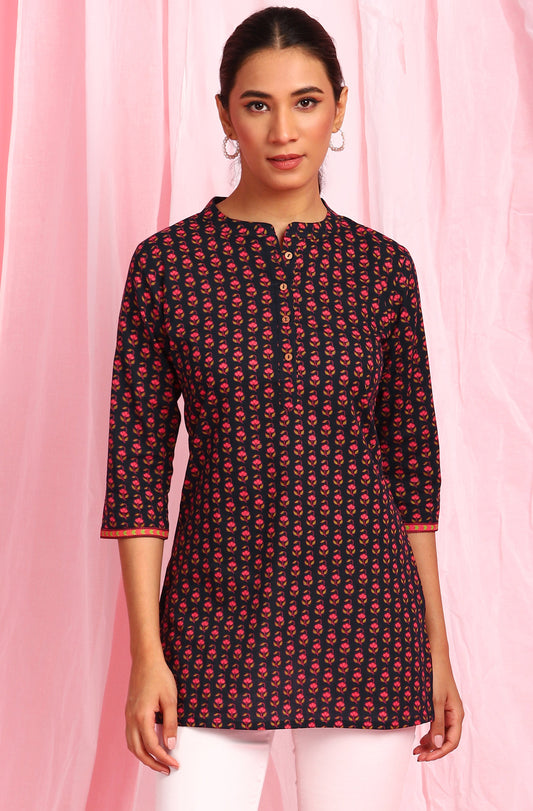 Janasya Women's Deep Blue Cotton Floral Print Straight Tunic | Swadesiicart