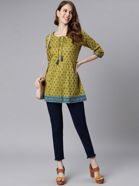 Janasya Women's Green Cotton Ethnic Motifs Empire Waist Tunic | Swadesiicart