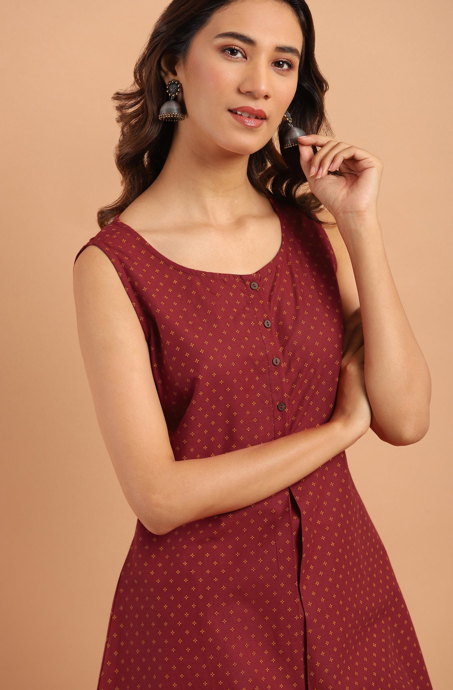 Janasya Women's Maroon Cotton Floral Print A-Line Tunic | Swadesiicart