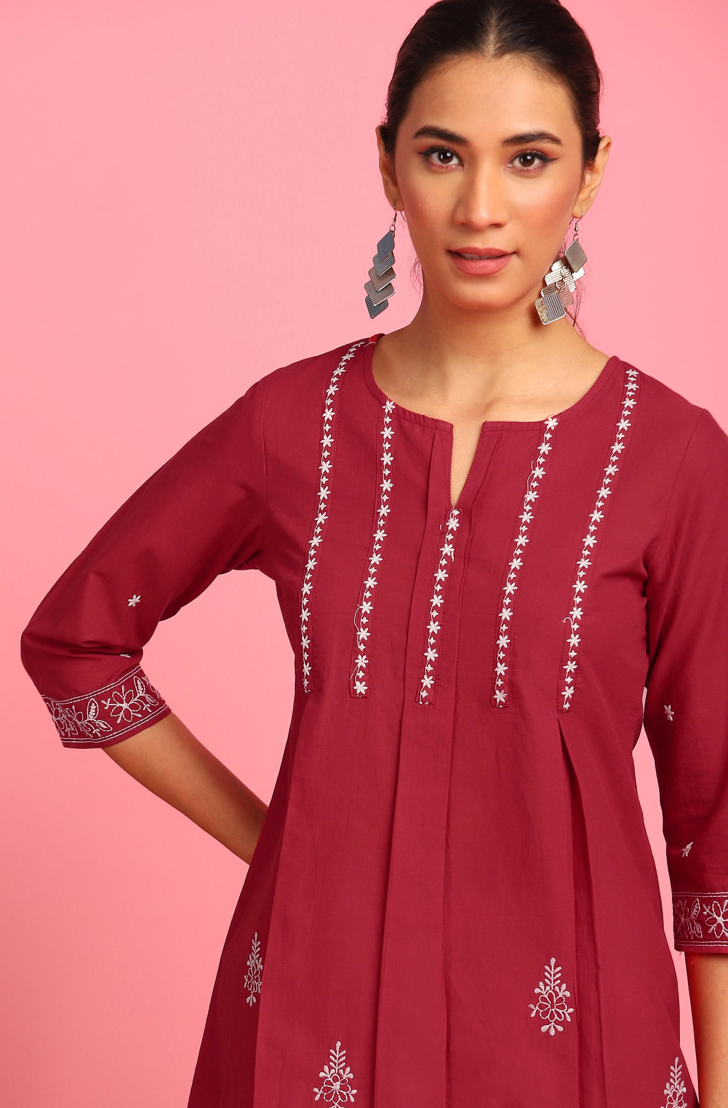 Janasya Women's Maroon Cotton Embroidered Trapeze Tunic | Swadesiicart