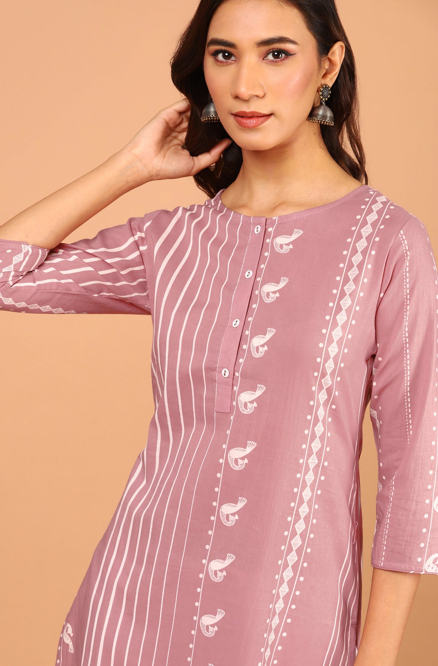 Janasya Pastel Pink Cotton Ethnic Motifs Straight kurta - Swadesiicart