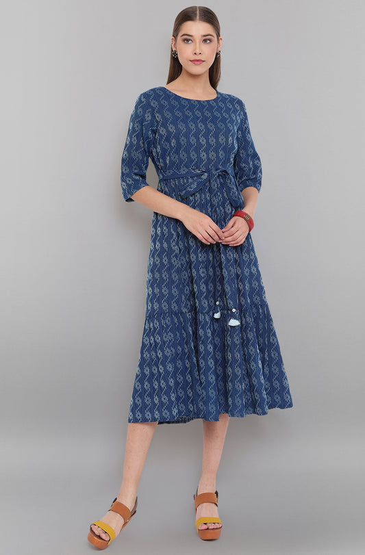 Janasya Blue Cotton Woven Design Flared Casual Dress | Swadesiicart
