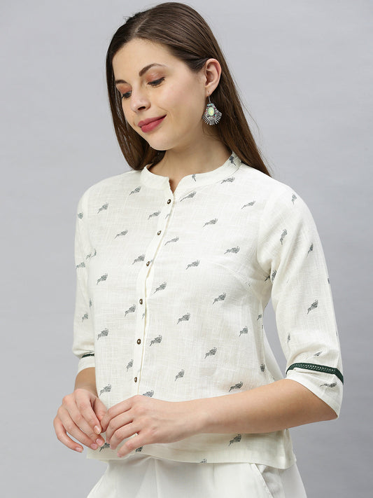 Janasya Women's Off White Cotton Slub Animal Print Shirt Style Top | Swadesiicart