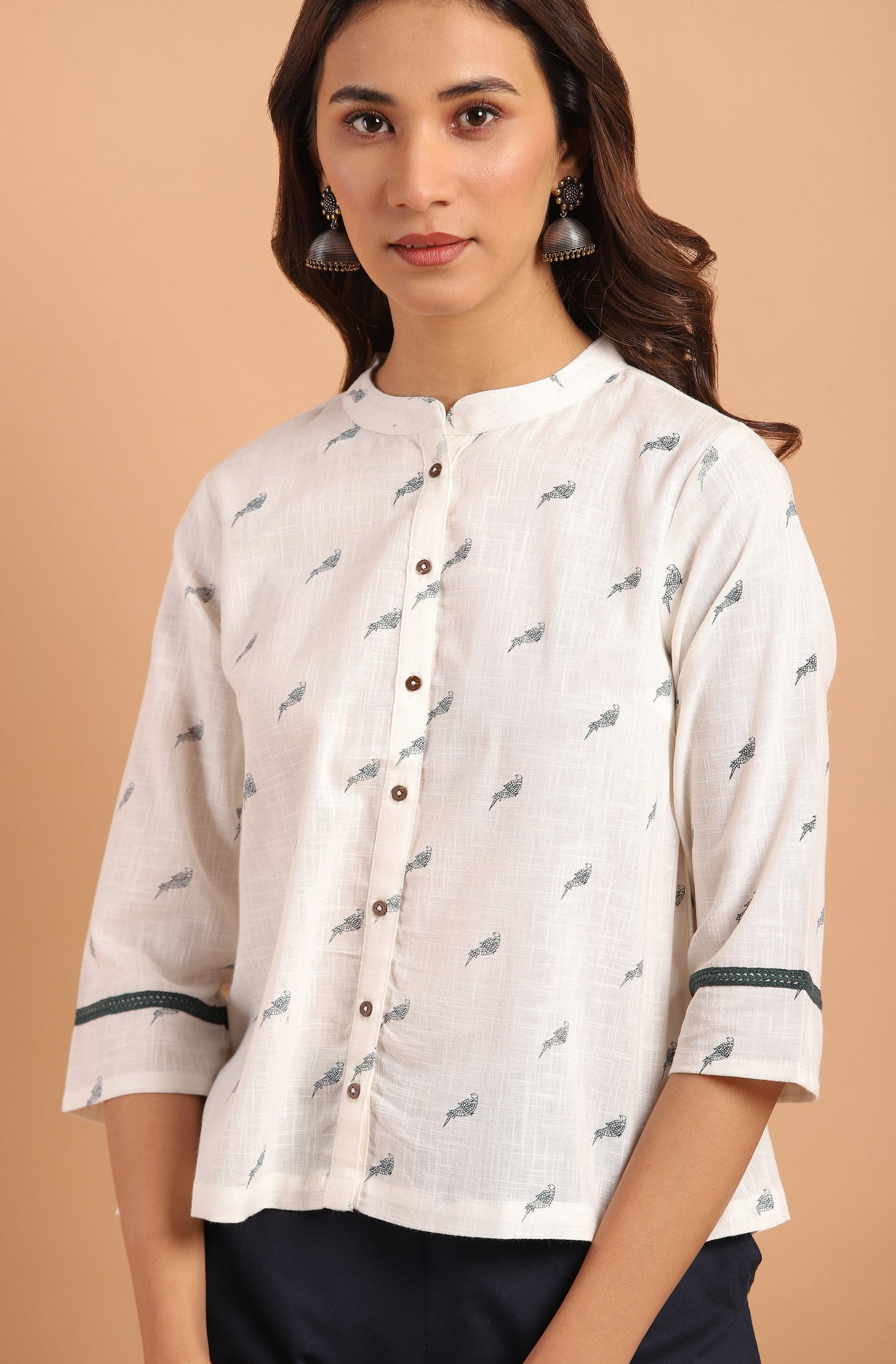 Janasya Women's Off White Cotton Slub Animal Print Shirt Style Top | Swadesiicart