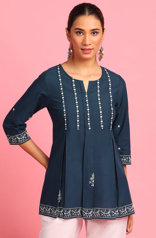 Janasya Women's Navy Blue Cotton Embroidered Trapeze Tunic | Swadesiicart