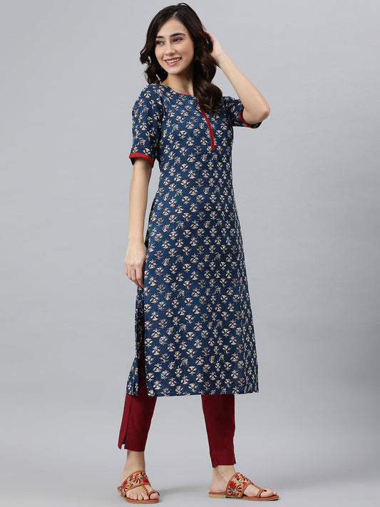 Janasya Women's Blue Rayon Floral Printed Casual Straight kurta | Swadesiicart