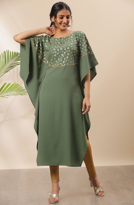 Janasya Green Poly Crepe Foil Print Kaftan kurta - Swadesiicart