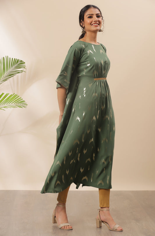 Janasya Green Poly Crepe Geometric Print Kaftan kurta | Swadesiicart