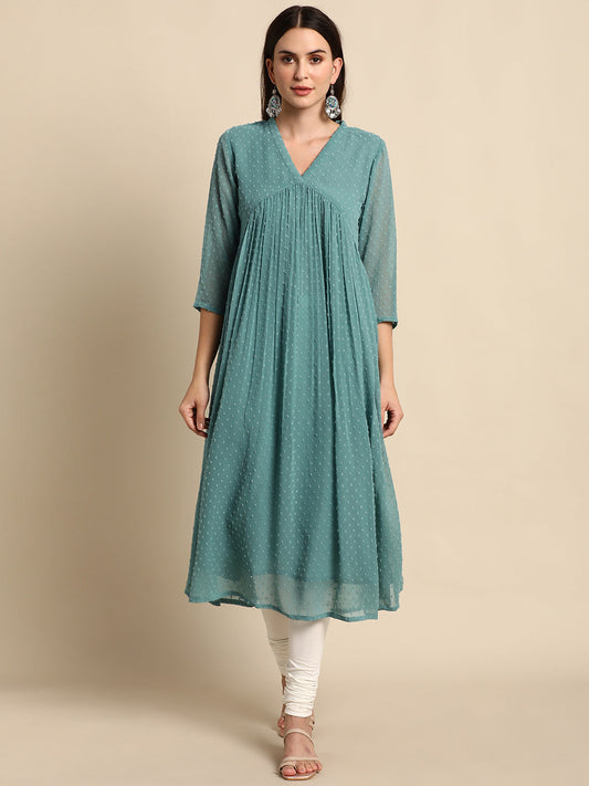 Indian Clothing Janasya Women's Green Poly Chiffon Self Design Casual Flared kurta - Swadesiicart