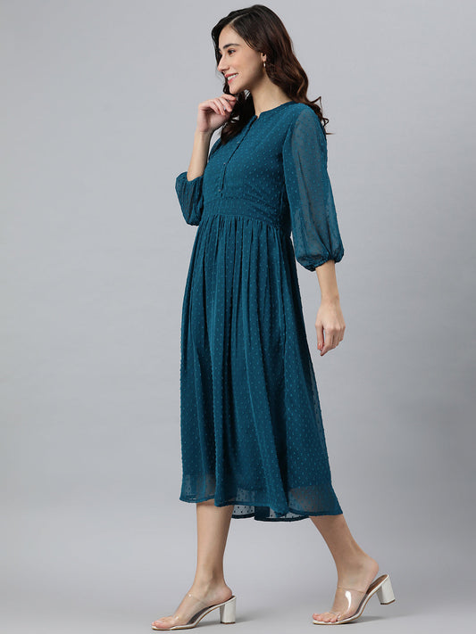 Janasya Women's Teal Poly Chiffon Self Design Flared Western Dress | Swadesiicart