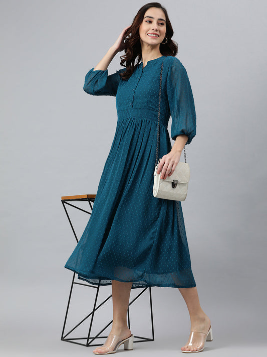 Janasya Women's Teal Poly Chiffon Self Design Flared Western Dress | Swadesiicart