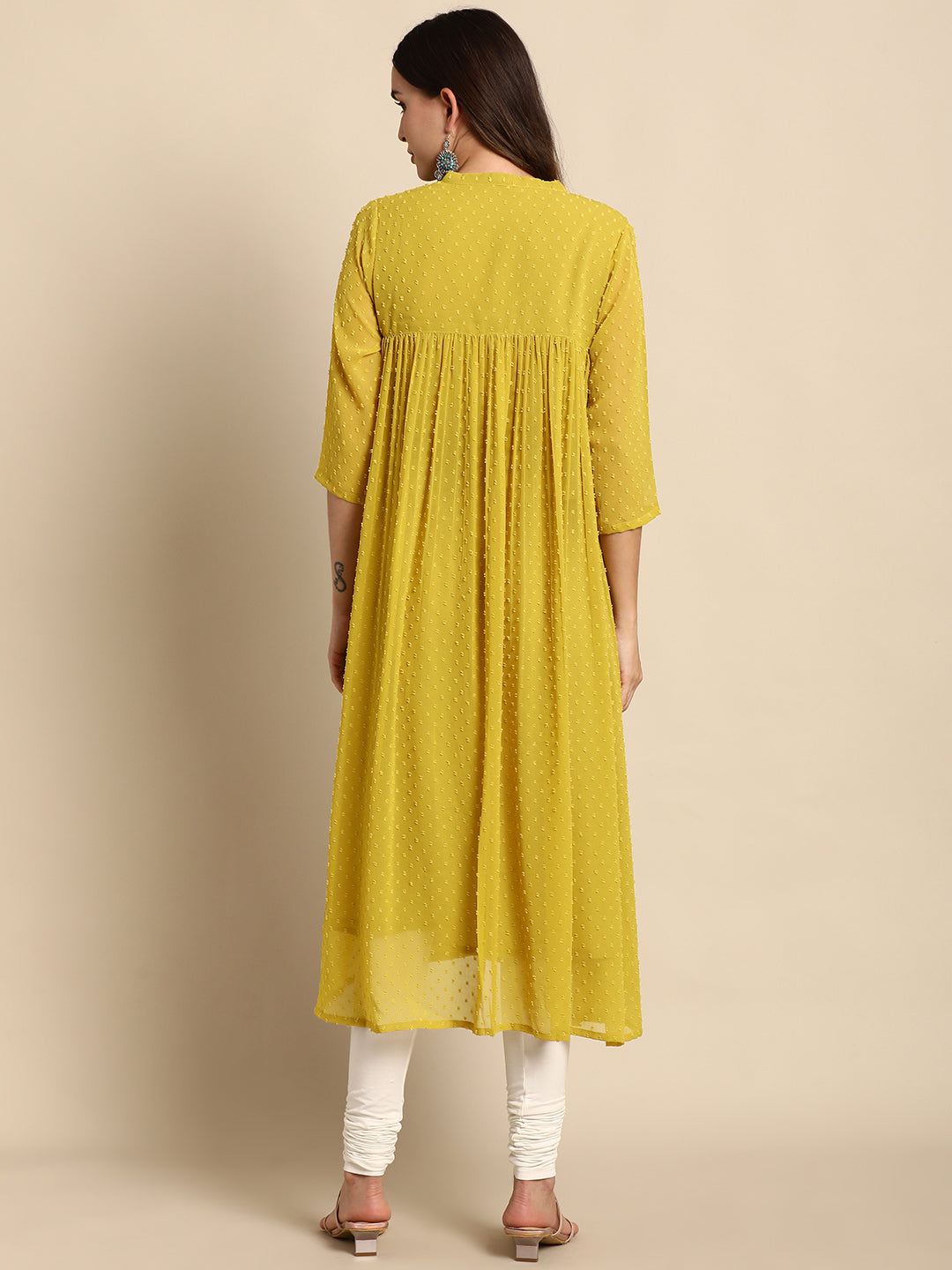 Janasya Mustard Poly Chiffon Self Design Frontslit Kurta | Swadesiicart