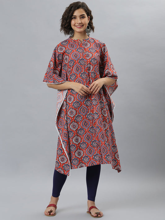 Janasya Women's Orange Cotton Floral Print Casual Kaftan Kurta - Swadesiicart