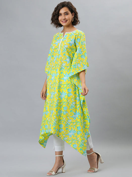 Janasya Women's Yellow Cotton Floral Print Casual Kaftan Kurta | Swadesiicart