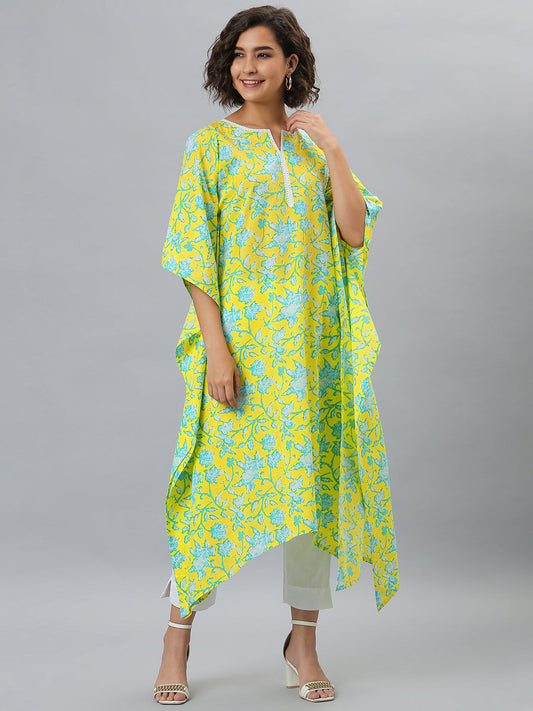 Janasya Women's Yellow Cotton Floral Print Casual Kaftan Kurta | Swadesiicart