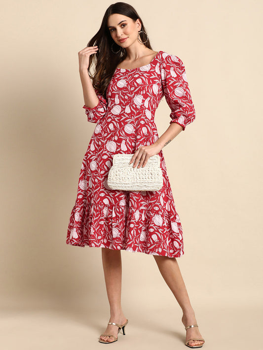 Janasya Women's Red Cotton Floral Printed A-line Western Dress | Swadesiicart