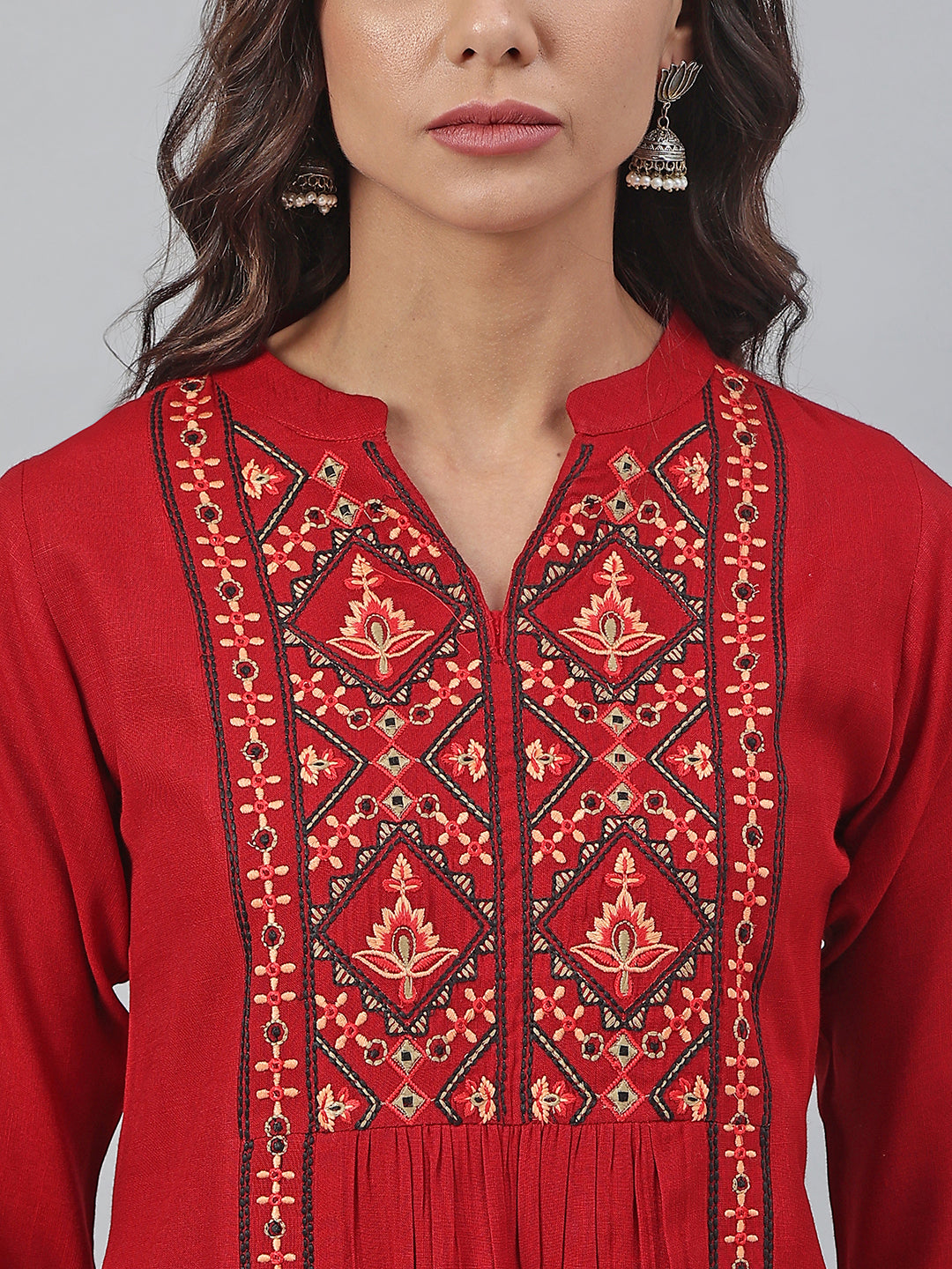 Janasya Women's Maroon Rayon Slub Embroidered A-Line Tunic | Swadesiicart