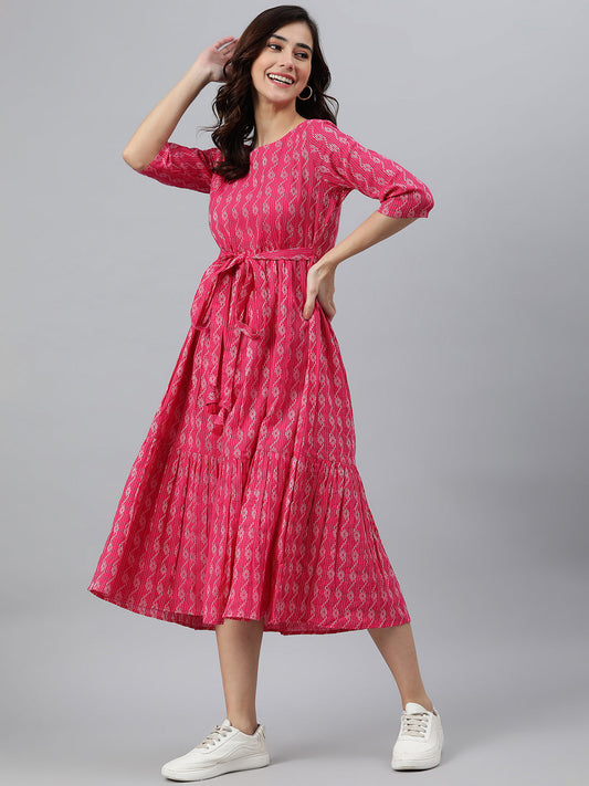 Janasya Women's Pink Cotton Woven Design Tiered Western Dress | Swadesiicart