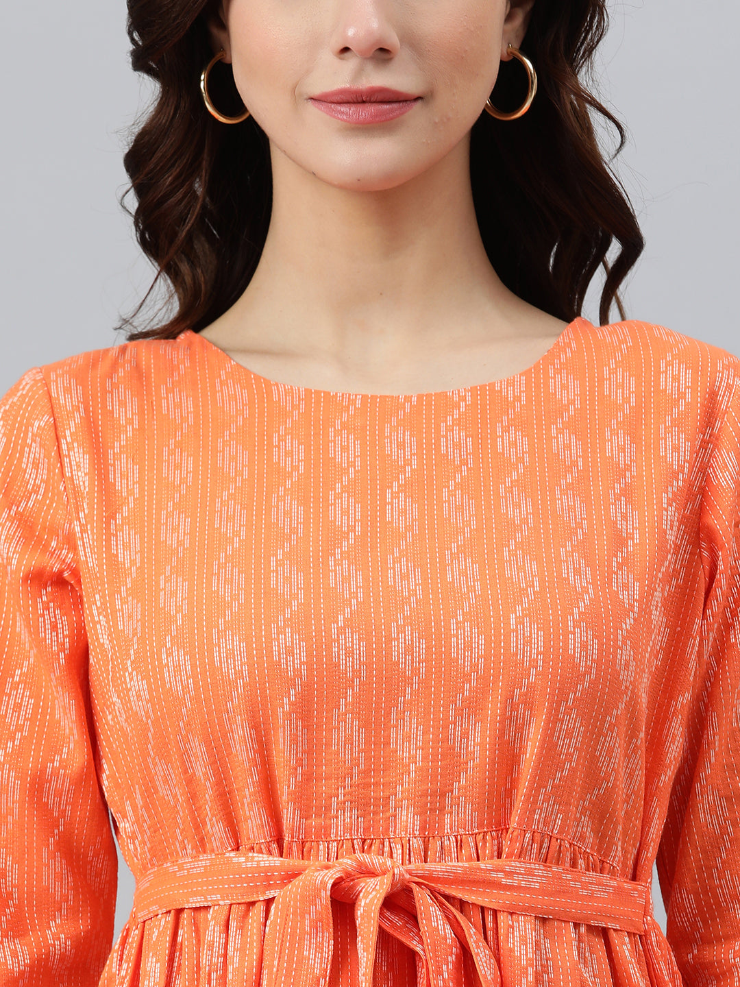 Janasya Women's Orange Cotton Woven Design Tiered Western Dress | Swadesiicart