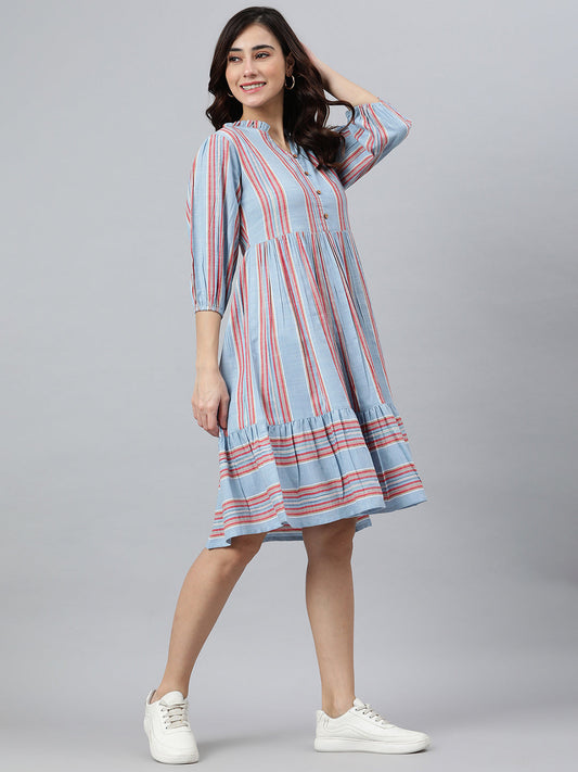 Janasya Women's Sky Blue Cotton Blend Striped Flared Western Dress | Swadesiicart