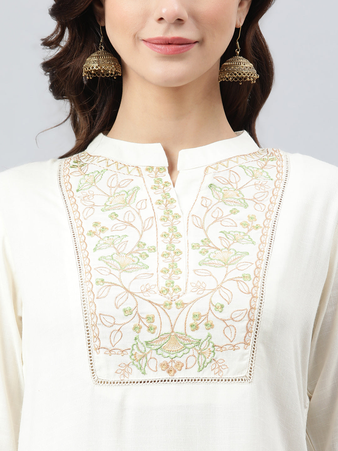 Janasya Women's Cream Rayon Slub Embroidered A-Line Top | Swadesiicart