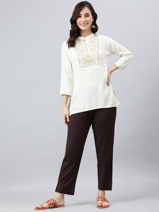 Janasya Women's Cream Rayon Slub Embroidered A-Line Top | Swadesiicart