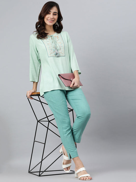 Janasya Women's Light Green Rayon Slub Embroidered A-Line Top | Swadesiicart