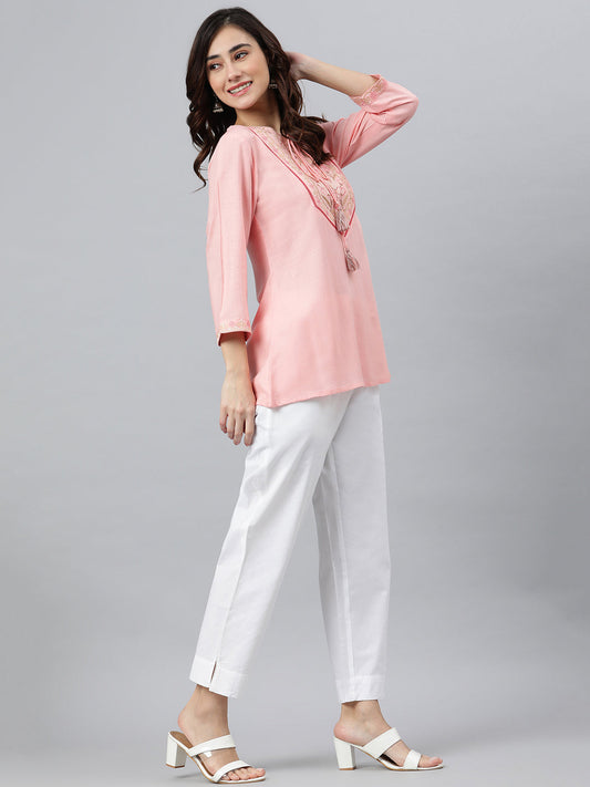 Janasya Women's Light Pink Rayon Slub Embroidered A-Line Top | Swadesiicart