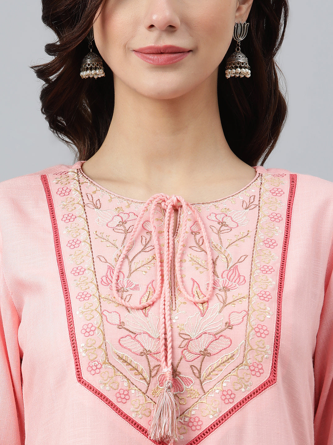 Janasya Women's Light Pink Rayon Slub Embroidered A-Line Top | Swadesiicart